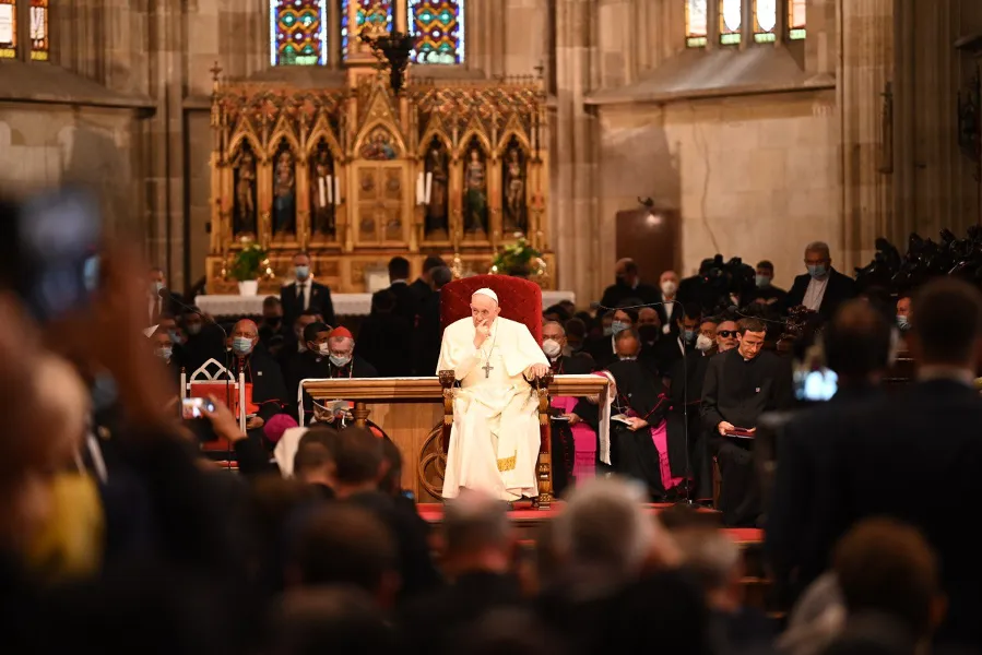 Pope Francis addresses bishops, priests, religious, seminarians, and catechists in St Martin’s Cathedral, Bratislava, Slovakia, Sept. 13, 2021.?w=200&h=150